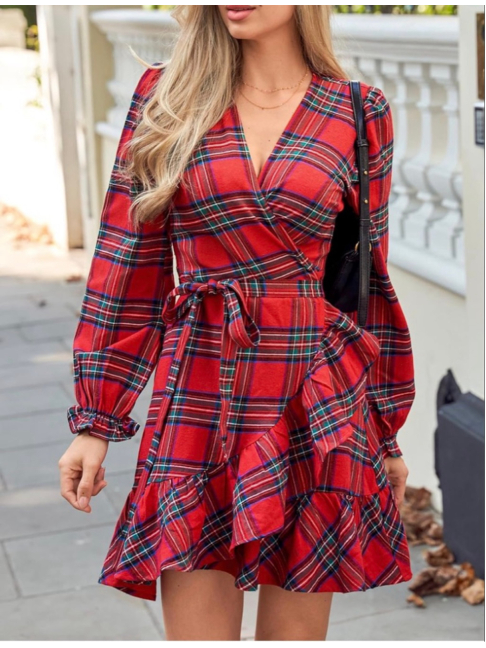 NEW CUPSHE Red Plaid Wrap Long Sleeve Ruffle Dress L - Picture 3 of 6